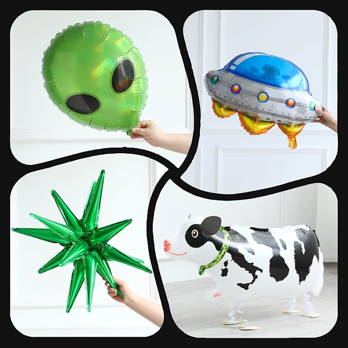 154pcs Alien Balloon Arch Kit - Green Black Silver Latex Balloons with Alien/UFO/Cow/Burst Foil Balloons for Alien Decorations, Space Birthday, Trunk or Treat Car Decor