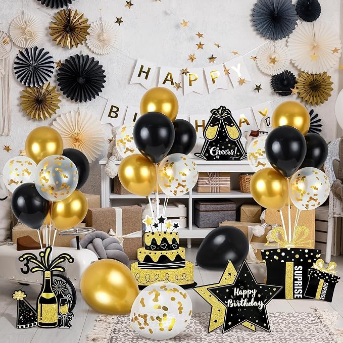 6 Sets Birthday Balloon Stand Kit for Table Happy Birthday Black Gold Balloon Centerpiece Decor Black and Gold Balloon Stand Kit for 40th 50th 60th 70th Birthday Party Decoration