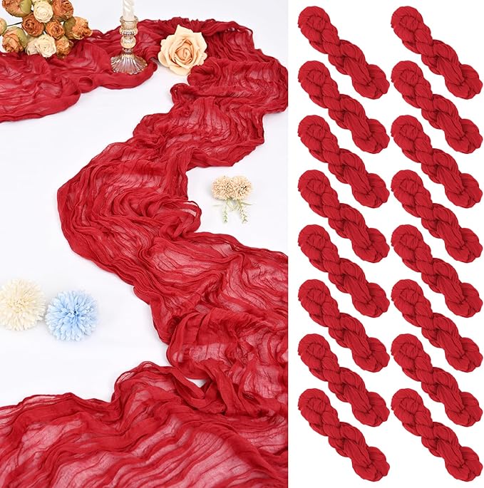 16 Pack 10Ft Cheesecloth Table Runner Red, 20 x 120 Inch Rustic Gauze Boho Cheese Cloth Table Runners Wedding Long Table Runner for Wedding Party Bridal Shower Table Decoration