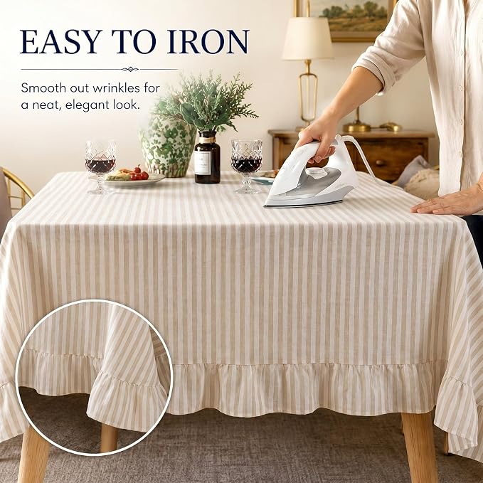 Boao Cotton 52 x 70 Inch Farmhouse Ruffle Tablecloth Beige White Striped Flounces Trim Table Cover for Rectangle Table Kitchen Party Wedding Decor