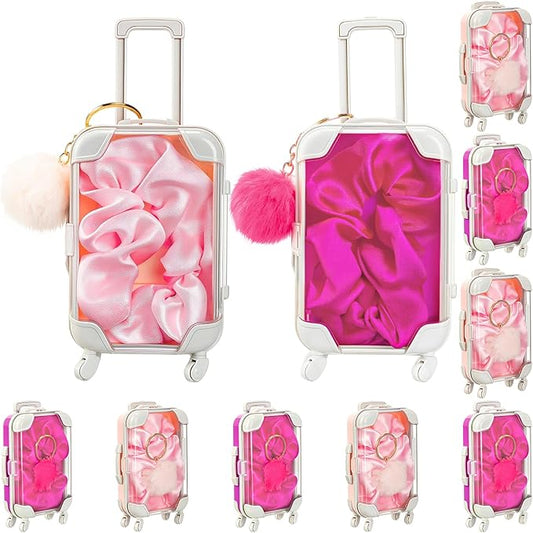LemonRoad 30 Pcs Mini Suitcase Empty Storage Box and Plush Ball Keychain Candy Luggage Containers Packaging Case for Galentine Bridal Shower Baby Shower Party Favors Travel Gifts (Pink,Rose Pink)
