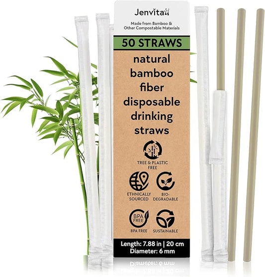 Bamboo Powder Biodegradable Straws (50-Pack) - 7.88" Compostable Straws Individually Wrapped | 100% Compostable | Durable & Disposable | Made for Hot & Cold Drinks, Commercial or Home Use