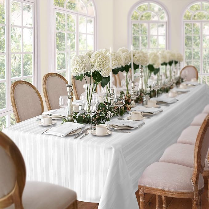 Newbridge 60 x 120 Inch Rectangle White Fabric Tablecloth, Denley Satin Stripe, Heavy Weight No Iron Polyester Holiday Dining & Party Table Cover