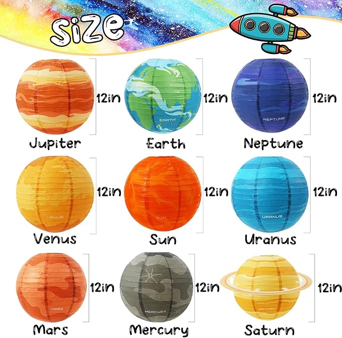 Space Planet Paper Lanterns 12 in Solar System Hanging Decor Out of This World Outer Space Party Decorations for Kids Astronaut Theme Party Supplies Galaxy Earth Home Birthday Decorations 9PCS
