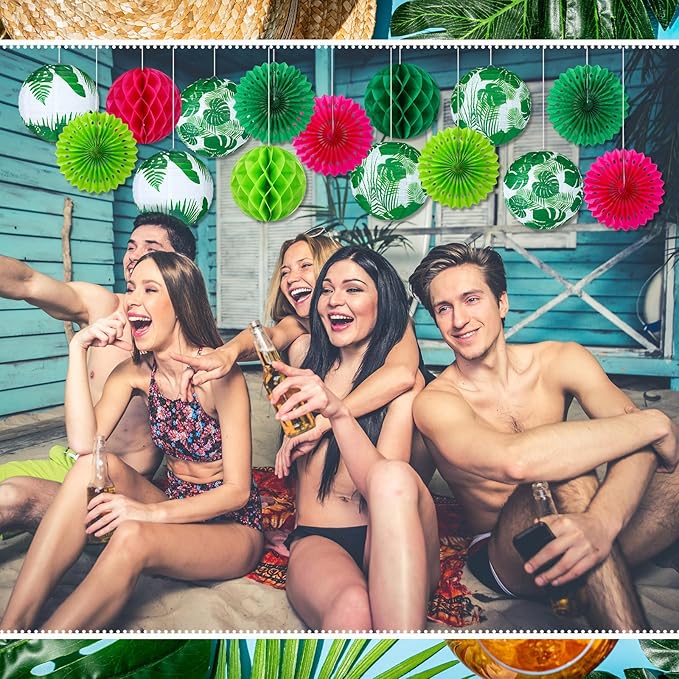 Retisee 18 Pcs Summer Tropical Party Decoration Palm Leaf Hanging Paper Lantern Rose Red and Green Honeycomb Fans Honeycomb Ball for Hawaii Theme Luau Party Ceiling Decor Supplies