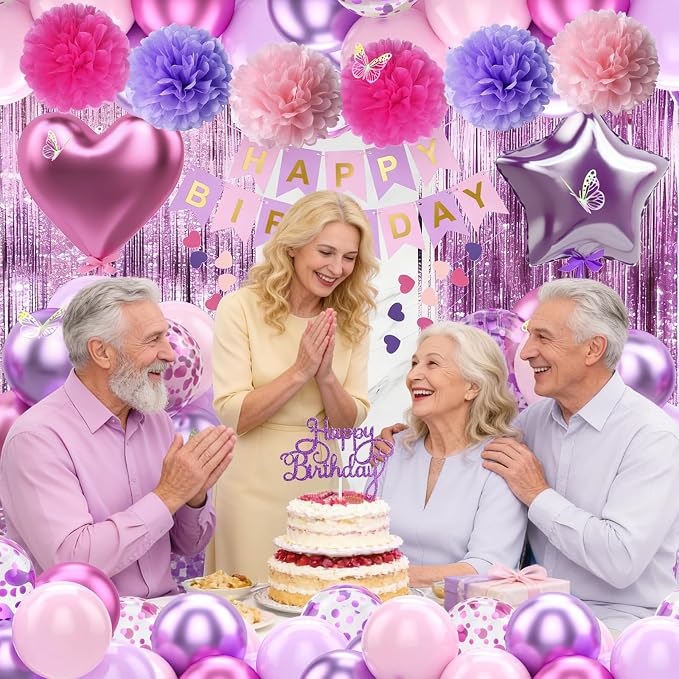 Purple Pink Birthday Decorations Balloons Pink Purple Happy Birthday Banner Cake Topper Fringe Curtain Paper Pom Poms Butterfly Sticker Metallic Hot Pink Heart Star Foil Princess Party Girls Women