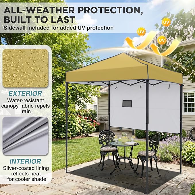 EAGLE PEAK 6x4 Instant Pop Up Canopy Tent with 1 Half Wall Panel, Straight Leg Sun Shelter, Portable Canopy with Carry Bag for Camping, Beach & Sports, Beige