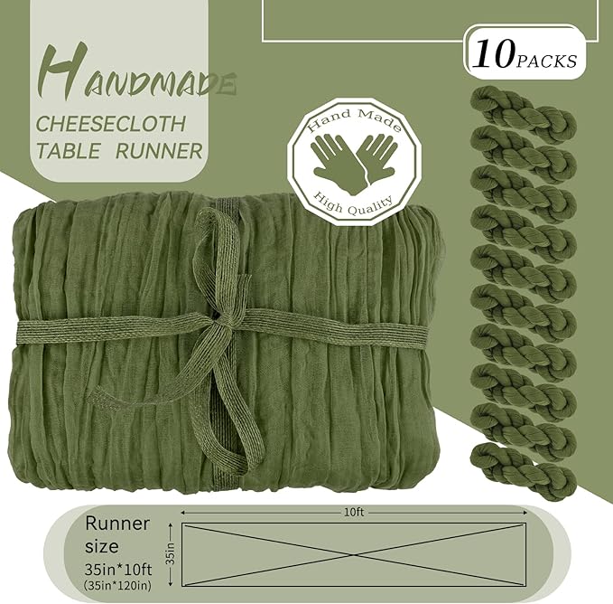 10 Packs Cheesecloth Table Runner Olive Green, 10Ft x 35" Army Green Rustic Gauze Boho Wedding Table Runner Decoration