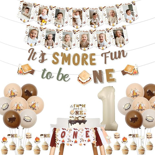 S'mores 1st Birthday Decors It's S'more Fun To Be One Banner Cake Toppers One High Chair Banner Camping First Birthday Decor Campfire Camper Bonfire Marshmallow Roasting 1 Year Old Bday Party Supplies