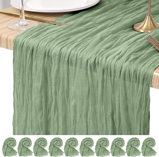 10 Pack Cheesecloth Table Runner Sage Green, Rustic Boho Gauze Fabric Table Runner Romantic Table Runner for Wedding, Festival, Birthday, Anniversary, Dinner and Outdoor Events (17.7 x 108 inch)