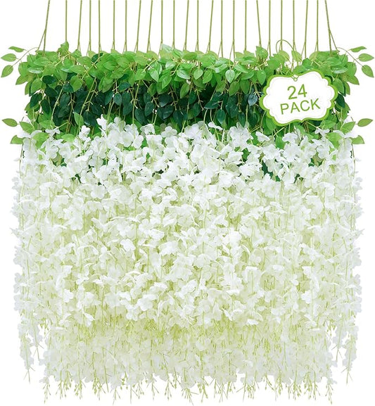 24Pcs Artificial Wisteria Hanging Flowers, 3.6Ft/Pcs White Fake Wisteria Garland for Wedding Party Home Garden Indoor Outdoor Decoration