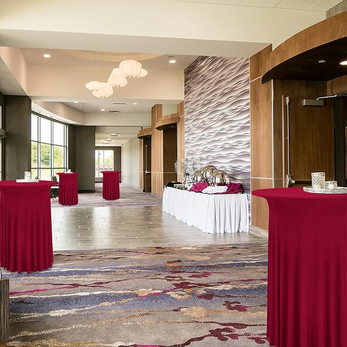 6 Packs Round Cocktail Table Skirt 32"x 43" Spandex Stretch Cocktail Tablecloth with Wavy Drapes, Wine Red Spandex Fitted High Top Table Covers for Wedding Bar Party Birthday Banquet Tables