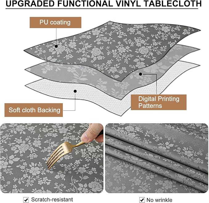 Smiry Rectangle Table Cloth, Waterproof Heavy Duty Vinyl Tablecloths, Wipeable Washable Table Cover for Kitchen and Dining Room (Grey, 70" X 90")