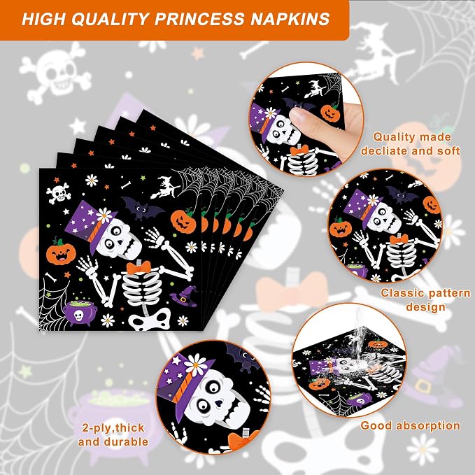 132 Pcs Halloween Party Supplies Includes Plates, Napkins, Cups, Banner, Hanging Swirls, Tablecloth for Halloween Horror Ghosts Skeleton Decorations, Serves 20