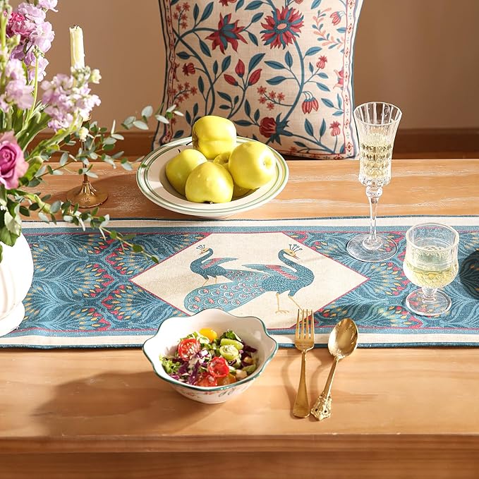 bilin gaier Vintage Blue Peacock Small Table Runner for Table,Decorative Linen 63 Inches Long Table Runners,Decor Tabletop for Kitchen,Dining,Tea Party,Home,Christmas,12"x63"