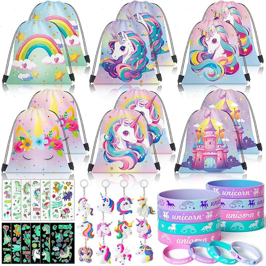 SNLN 12 Sets Unicorn Party Favors Birthday Supplies for Girls Kid, Drawstring Bag Silicone Bracelet Tattoo Sticker Keychain Goodie Bag Stuffer Filler Unicorn Birthday Decorations Girls Party Favors