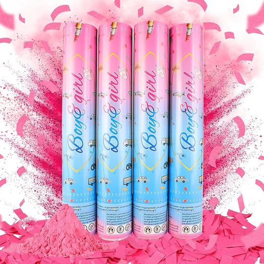 Gender Reveal Confetti Cannon,4 Pink Safty Corn Powder Smoke Party Poppers Shoots 20-25ft,12 inch Upgrade Firmware Baby Shower