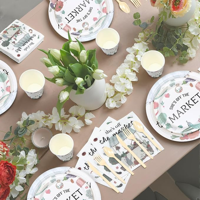Yungyan 252 Pcs She's off the Market Bridal Shower Party Tableware Set Included Plates Napkins Cups Forks Knives Cutlery for Party Decorations Supplies 36 guests