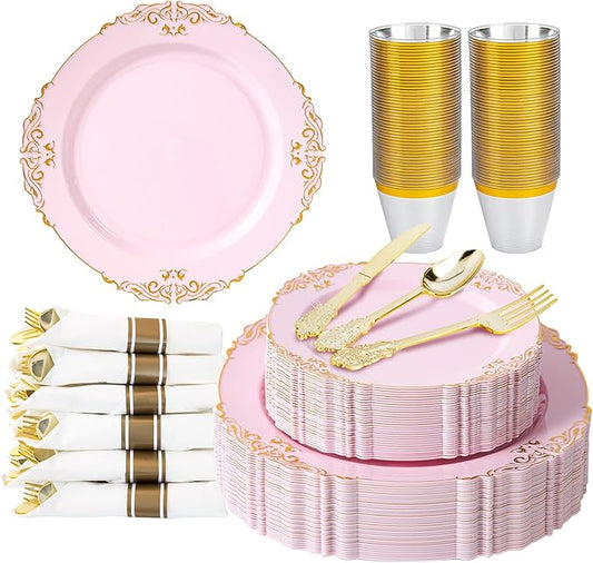 350pcs Gold Retro Dinnerware Sets Disposable, 50 Guests Heavy Duty Plastic Cutlery Sets, 100 Disposable Plates, 150 Silverware, 50 Cups, 50 Napkins for Mother's Day, Wedding & Party, Pink