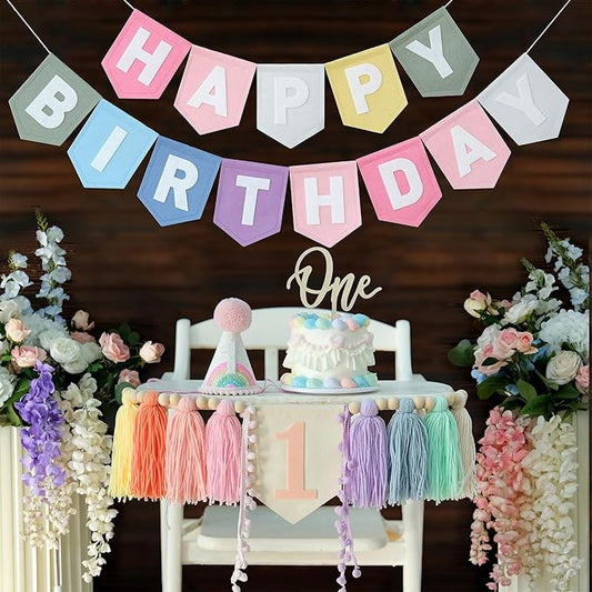 DCJHFJ Pastel Macaron Rainbow High Chair Banner Felt Happy Birthday Banner Pre-Strung Birthday Party Decorations for 1st Girl Birthday Backdrop