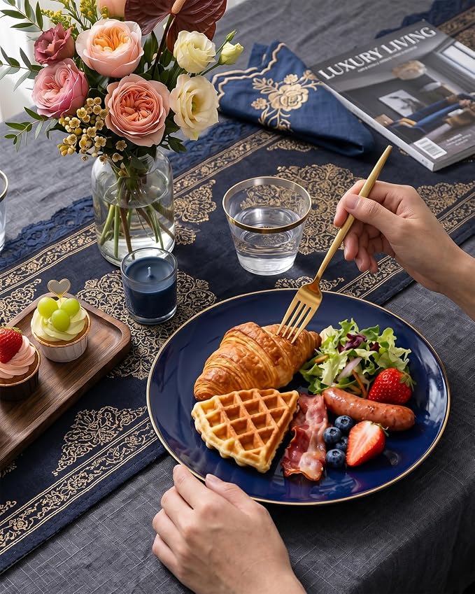 bUCLA 150PCS Blue and Gold Plastic Plates - 25 Guests Navy Blue Plastic Dinnerware Disposable for Party & 4th of July - Include 25 Dinner/Dessert Plates, 25 Knives, 25 Forks, 25 Spoons, 25 Cups