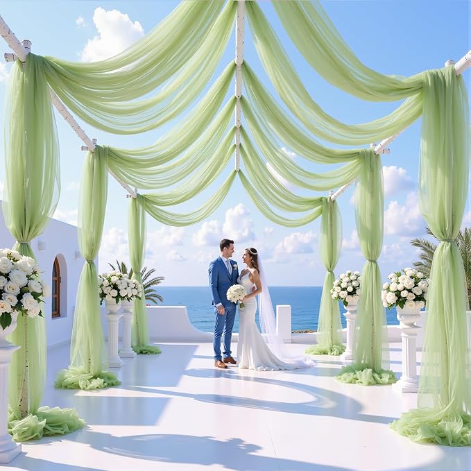8 Panels Sage Green Wedding Arch Draping Fabric 30" x 19ft Wedding Drapes Tulle Drapes for Backdrop Sheer Fabric Backdrop Drapes Decorations Backdrop Curtains for Reception Ceremony Party