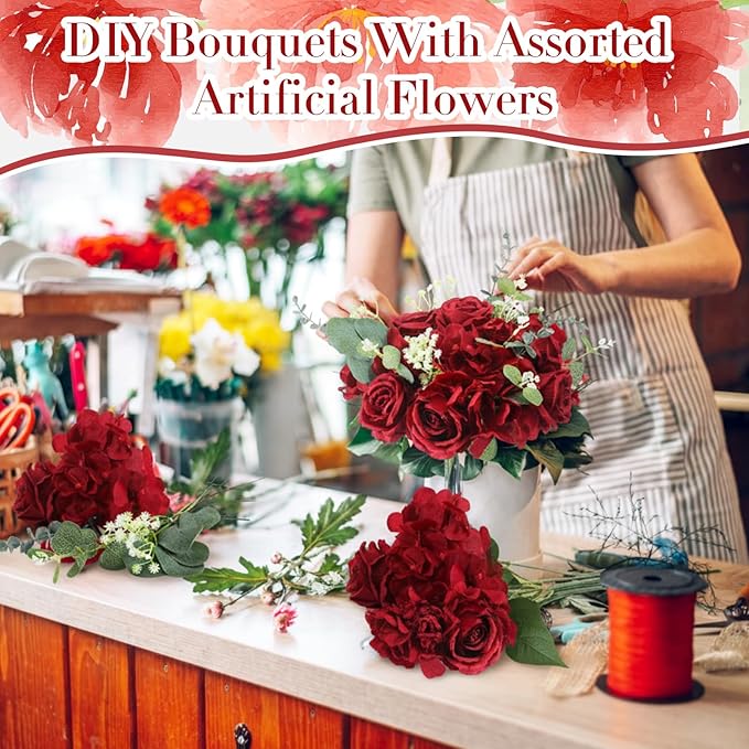 Suncalla 310 Pcs Baby's Breath Artificial Rose Bulk DIY Bouquet Bulk Hydrangea Artificial Flowers Wedding Bouquets Floral Arrangement for Wedding Centerpieces Decor(Wine Red)