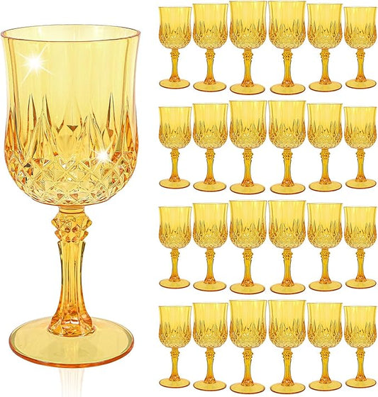 24 Pcs Gold Plastic Wine Glasses, Plastic Goblets for Parties, Vintage Wine Glasses Bulk, Reusable Drinking Glass, Drinkware Cups for Wedding Party Reception Event Supplies