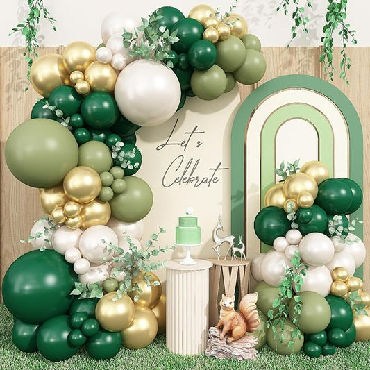 Double Stuffed Emerald Green Gold Balloon Arch Kit, Dark Dusty Green Pearl White Sand Balloon Garland Kit Metallic Gold Balloons for Baby Shower Bridal Shower Wedding Forest Birthday Party Decoration