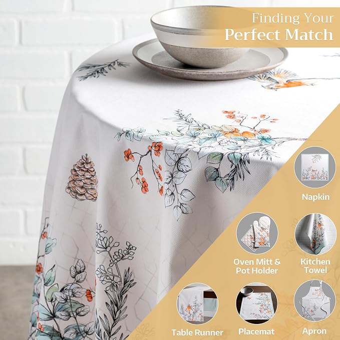 Maison d' Hermine Table Cloth Round Table 100% Cotton 63 Inches Fall Tablecloth Reusable Everyday Use for Thanksgiving Christmas Decorations Dining Farmhouse Party (Whitish Shabby Chique)