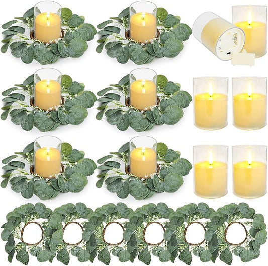 6 Sets Artificial Eucalyptus Candle Rings with LED Flameless Candles - 3 Inch Candle Rings Wreaths for Pillar Wedding Centerpieces Home Table Party Decor
