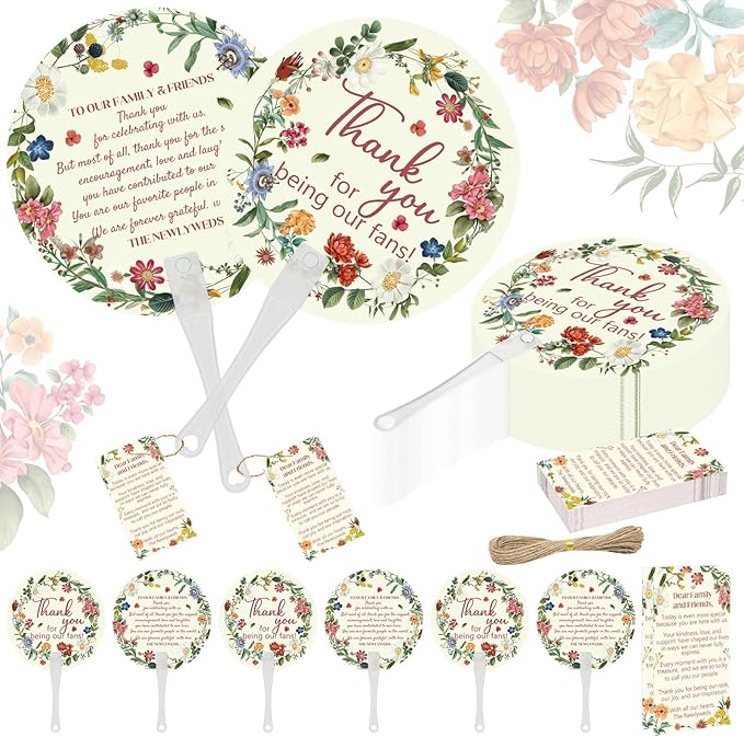 Cinrobiye 100 Sets Wedding Hand Fans Bulk for Guests, Handheld Fans with Thank You Cards, Outdoor Bridal Shower Favors