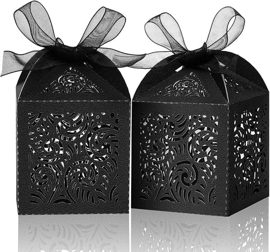 COTOPHER 100Pcs Laser Cut Favor Boxes, 2x2x2.75in Small Gift Boxes for Presents, Party Wedding Favors Boxes with Ribbon, Mini Candy Boxes for Event Bridal Shower Anniversary Birthday Christmas, Black
