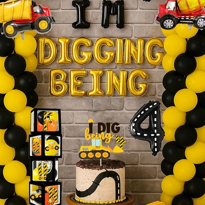 345 Pcs Construction 4th Birthday Party Supplies, Dump Truck Four Years Old Party Decorations Include Backdrop, Balloons Box, Hanging Swirls, Tablecloth, Plates, Cake Toppers, Balloons Garland Kit