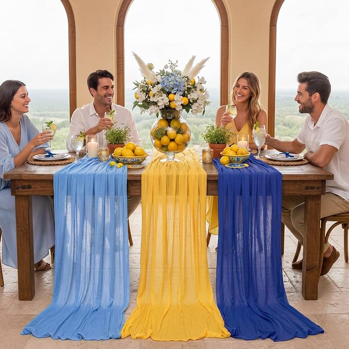 Boao 6 Pcs Amalfi Coast Blue Yellow Lemon Party Decorations Table Runner Cloth 10Ft Boho Sheer Rustic Fabric for Wedding Birthday Party Baby Bridal Shower Graduation Dawn Sunset Decor