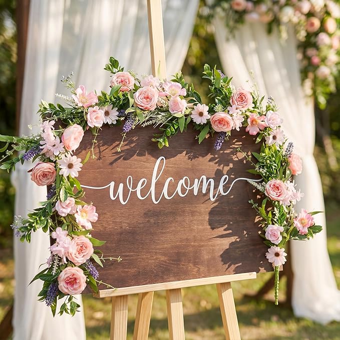 Giegxin 1 Pack 6 ft Artificial Flower Garland with Rose and Daisy Flower Pink Fake Wisteria Vines Summer Greenery Eucalyptus Garland for Wedding Mantle Porch Stair Table Indoor Decor