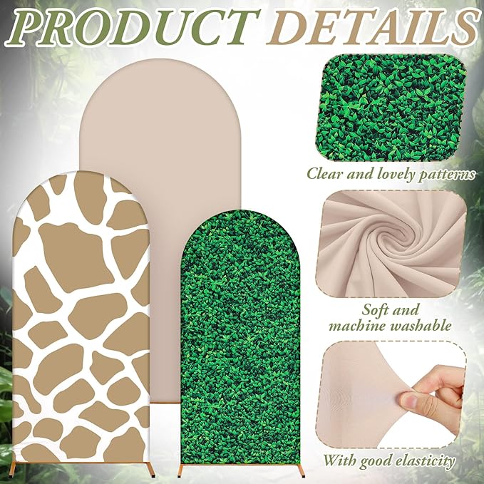 Foilswirl 34 Pieces Jungle Safari Party Decorations 4ft 5ft 6ft Safari Arch Backdrop Cover Jungle Arch Cover Green Leaves Backdrop Green Brown Khaki Balloons for Wildlife Birthday Party Decor