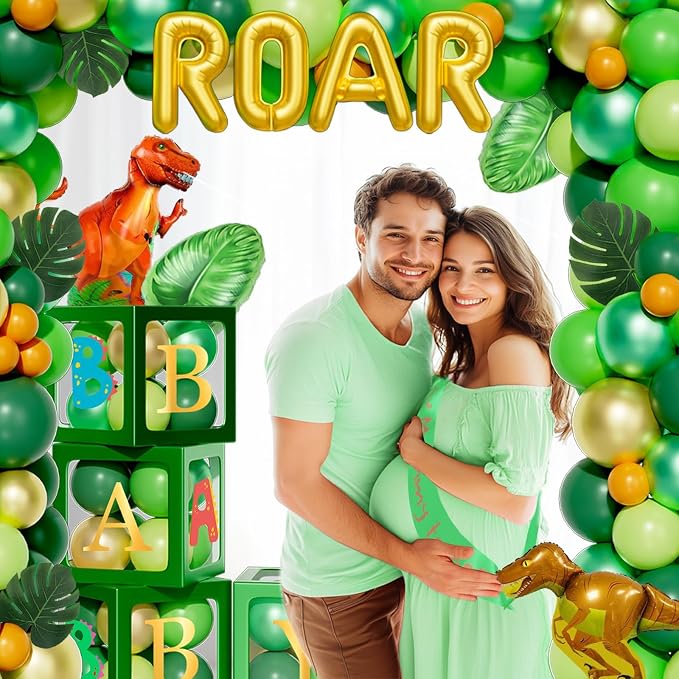 Hombae Dinosaur Baby Shower Decorations for Boy, Dino Themed Baby Shower Decorations, Rawr It’s a Boy Party Supplies Backdrop Balloon Banner Box Cake Cupcake Topper Mummy To Be Sash Green Gold