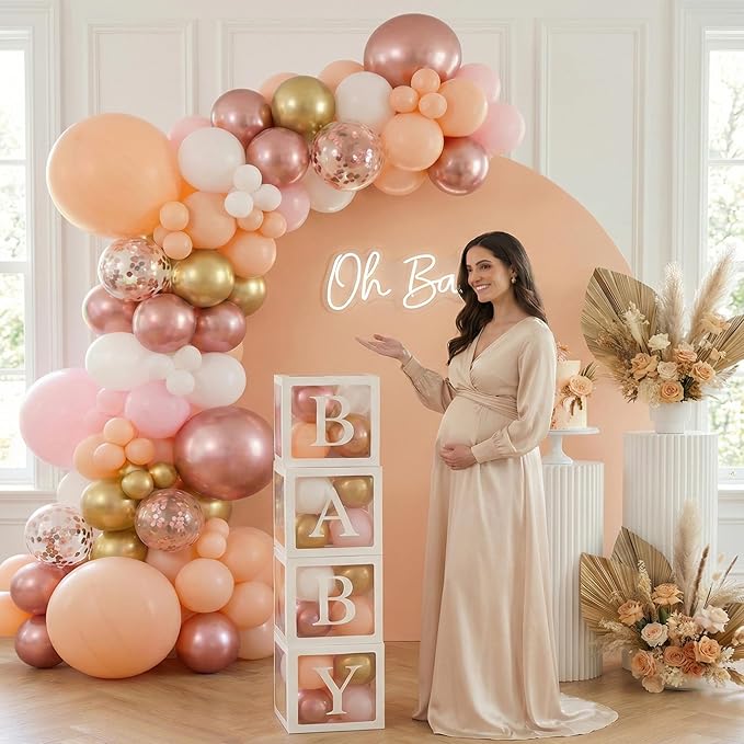 144Pcs Rose Gold Baby Shower Decorations for Girl - Pink Balloon Garland Arch Kit with 4 Baby Boxes - Metallic Gold Confetti Balloons for Princess Birthday, Bridal Shower Background