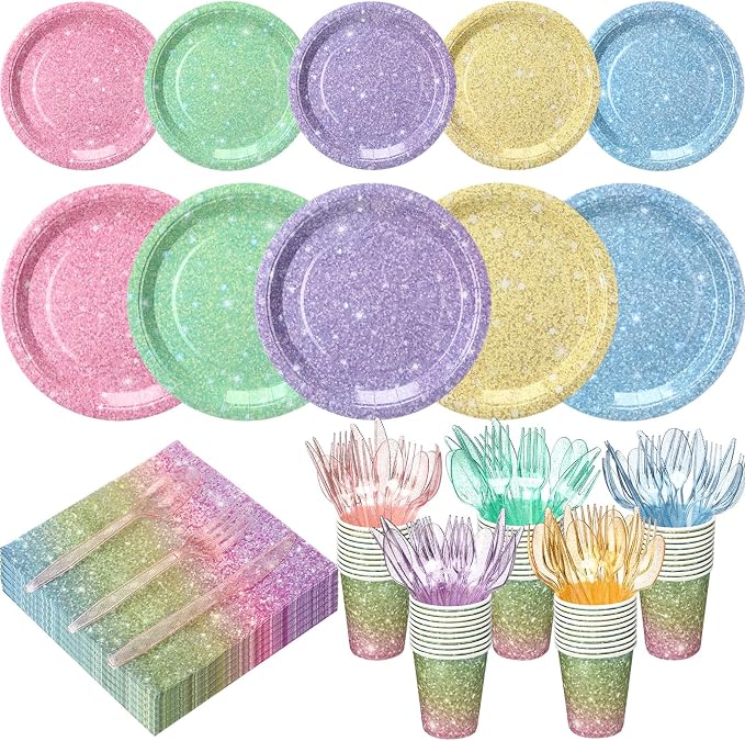 Hushee 350 Pcs 50 Guests Pastel Rainbow Paper Party Plates and Cups Napkins Sets Holographic Glitter Disposable Dinnerware Plastic Forks Knives Spoons Birthday Bachelorette Wedding Party Supplies