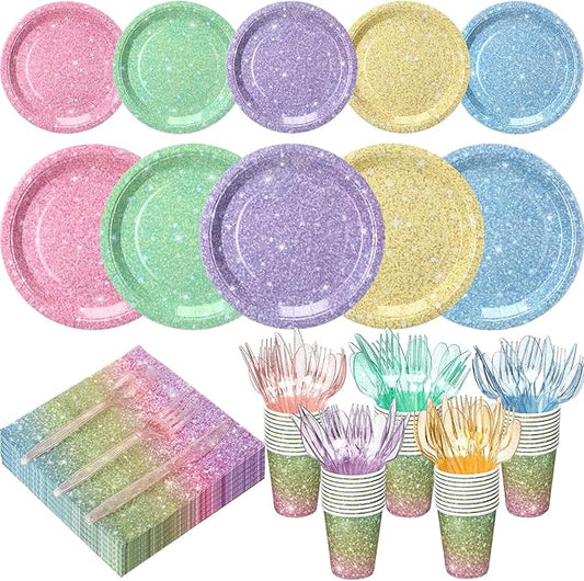 Hushee 350 Pcs Pastel Rainbow Holographic Print Party Supplies Guests Disposable Dinnerware Set Include Paper Plates, Napkins, Cups, Plastic Cutlery for Wedding Birthday Disco Bachelorette