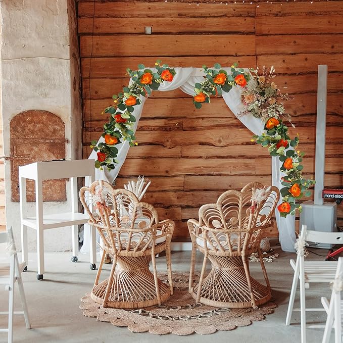 5.74 FT Artificial Poppies Flower Garland, Floral Garland Greenery Vines with Eucalyptus Hanging Flowers Vines for Home Wedding Mantle Table Outdoor Decor (Orange)