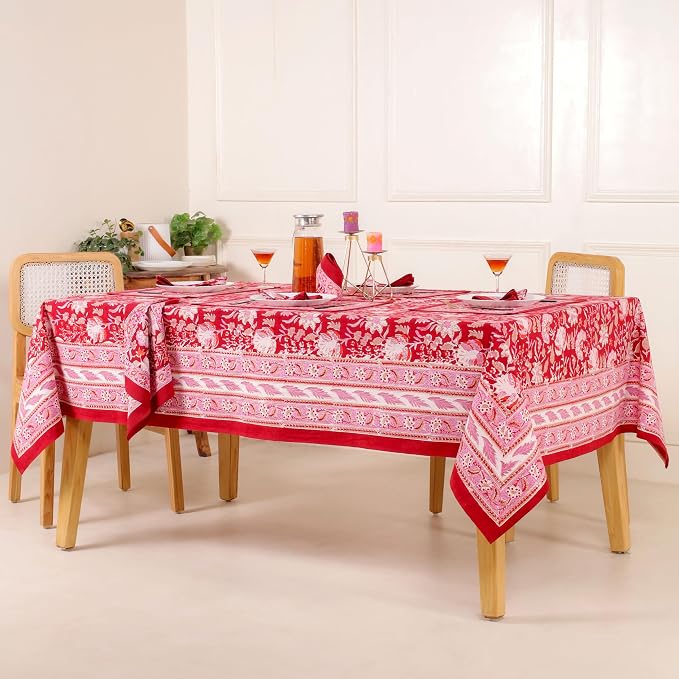 Hand Block Printed Tablecloth, Colorful Floral Print, Indian Artisan Handmade Art, Dining Room, Kitchen, Outdoor Décor, (Cherry Red, 6 Seater 60 x 90 Inches Rectangle)