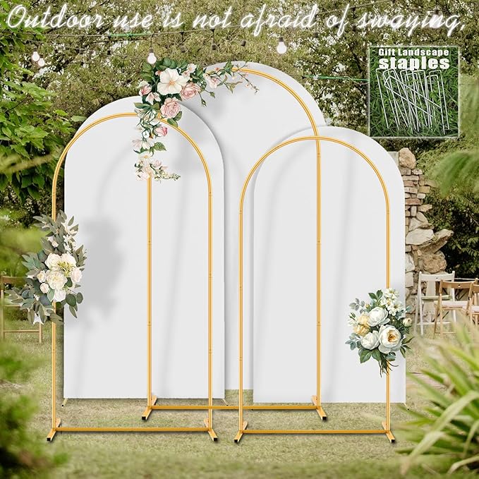 Arch Backdrop Stand and Cover Set (7.2ft,6.6ft,6ft) Metal Arch Frame Stand Gold with White Cover for Wedding Birthday Party Baby Shower with Storage Bag(White, 7.2FT+6.6FT+6FT)