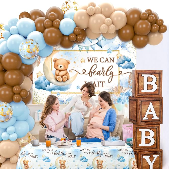DataMoon We Can Bearly Wait Baby Shower Decorations - Baby Boxes with Letters,Boho Balloons,We Can Bearly Wait Backdrop,Tablecloth for Teddy Bear Baby Shower,Birthday Supplies,Gender Reveal