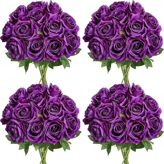 48 PCS Deep Purple Roses Artificial Flowers - Fake Silk Floral with Long Stems Bulk for Table Centerpieces DIY Bouquet Arrangements Wedding Party Bridal Shower Vase Decorations