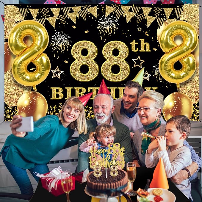 88th Birthday Decorations Men Women with 88th Birthday Banner, Black and Gold Table Cloth, Number Balloons, Sash, Cake Topper and Candles
