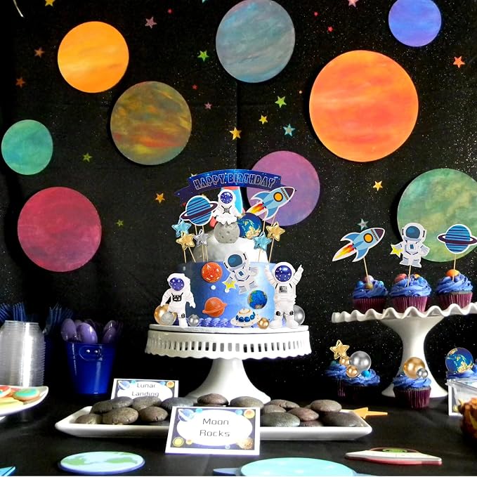 Astronaut Figurines Cake Toppers 32Pcs Outer Space Cake Decorations Spaceman Figures Planet Rocket Stars and Satellite Balls for Two The Moon First Trip Around the Sun Birthday Baby Shower