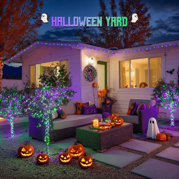 JMEXSUSS 200 LED Purple and Green Halloween Fairy Lights Plug in | 8 Modes Halloween Lights Indoor Outdoor with Wheel, 66 ft Remote Control Christmas Fairy Lights for Xmas