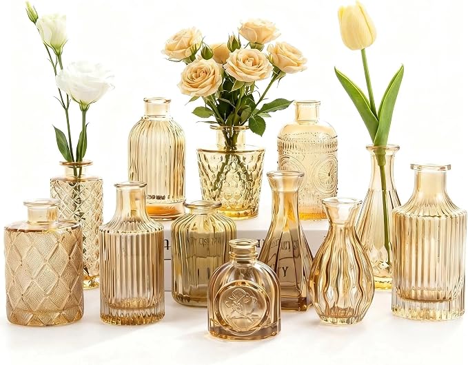 Mini Bud Vases Centerpieces for Tables,Clear Bud Vases for Flowers,Small Flower Vases Suitable for Birthday Party,Anniversary,Wedding Reception,Baby Shower (Gold, 12PCS)